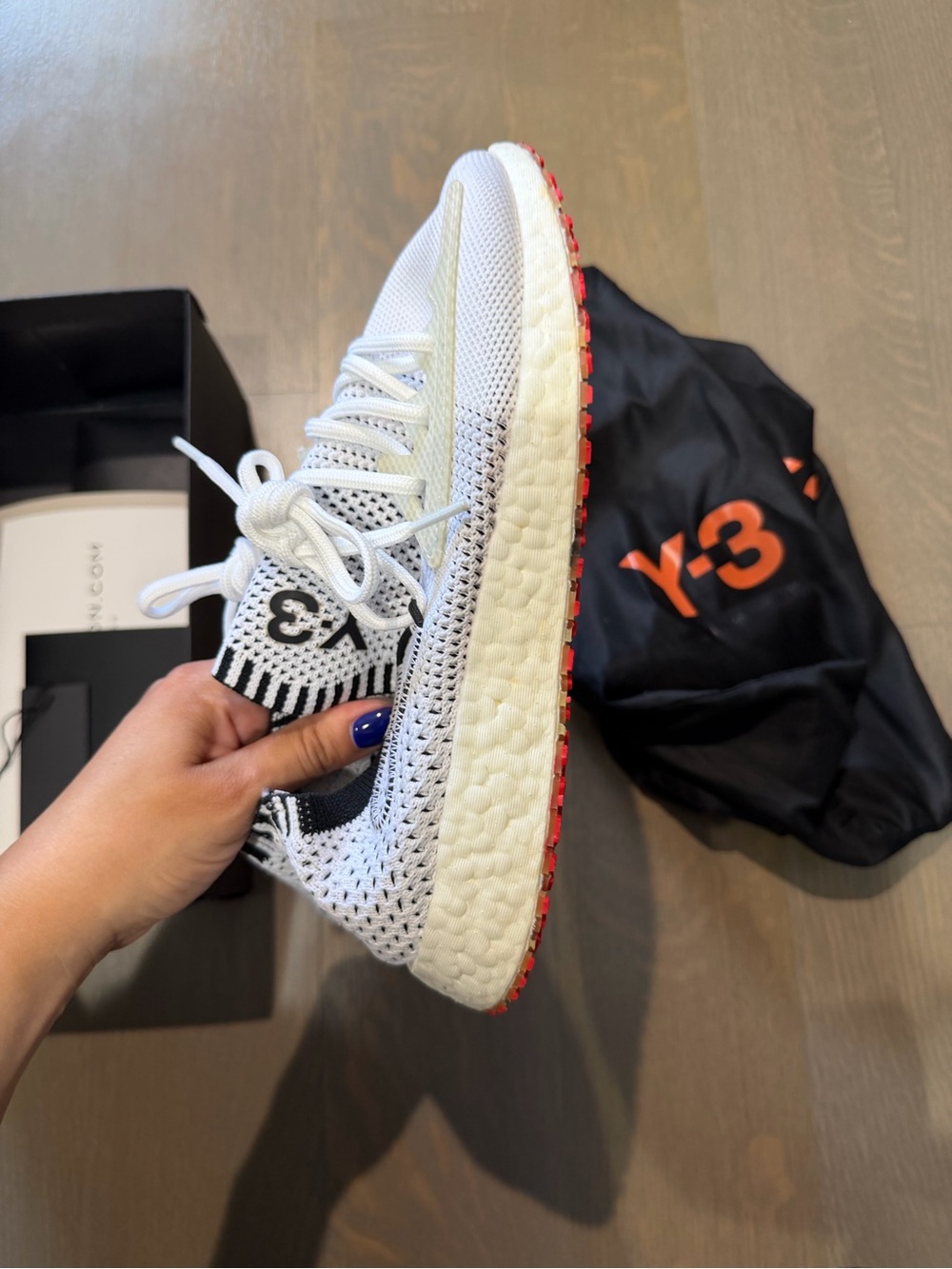 Y-3 White Knit Athletic Sneakers with Red Accent